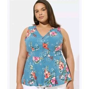 Torrid Blue Colorful Floral Babydoll Tie Back Cute Spring Romantic Tank Top 3X